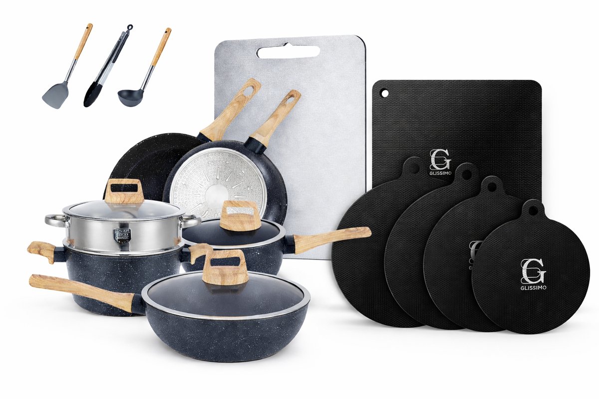 Glissimo Cookware - 18-delige Pannenset – PFAS-vrij & PFAO-vrij - Geschikt voor alle warmtebronnen - Met Stoompan – Inductie, Gas, Elektrisch & Keramisch – Antiaanbaklaag - RVS Snijplank – 5 Inductiebeschermers – Met Glazen Deksels & Keukengerei