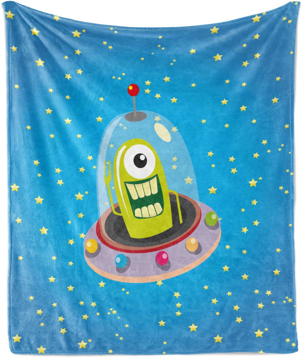 ABAKUHAUS Zachte flanellen fleece deken, stripfiguur UFO- en alienontwerp, knusse pluche plaid, 125 x 175 cm, blauw meerkleurig