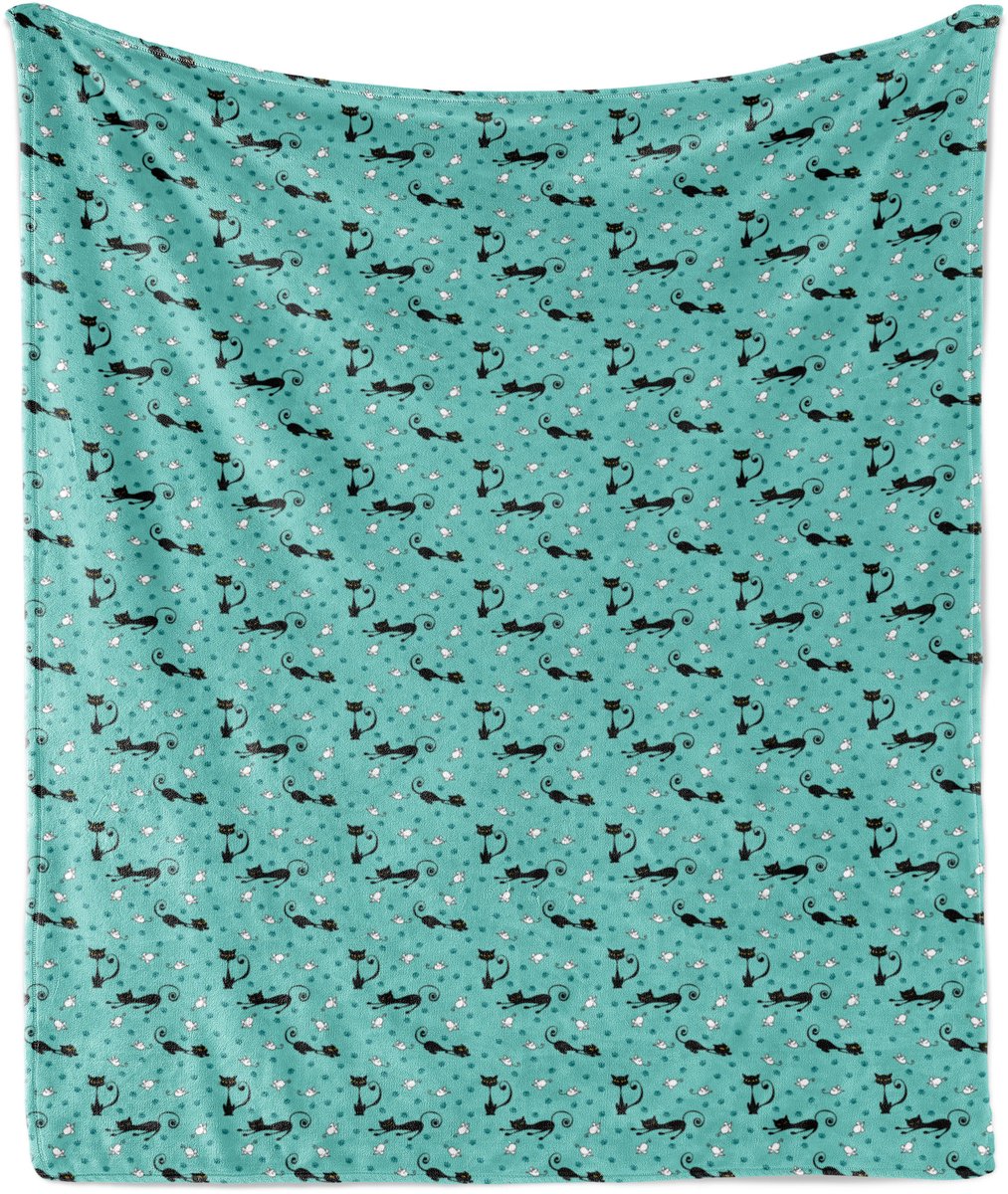ABAKUHAUS Zachte flanellen fleece deken met kattenprint, leuke cartoonprint met muizenpootjes, knusse pluche plaid, 125 x 175 cm, zeegroen zwart wit