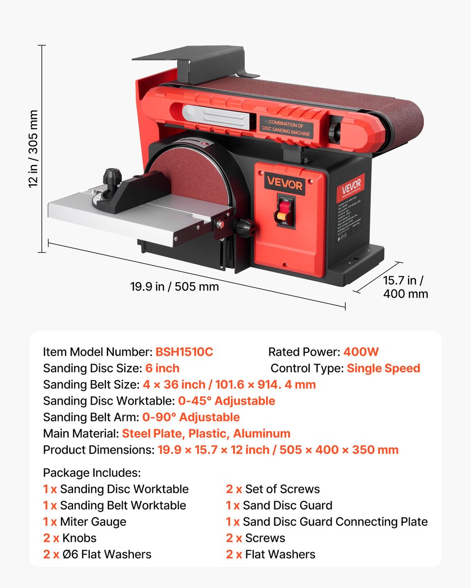 VEVOR Band- en Schijfschuurmachine 400 W, 152,4MM Schijfschuurmachine en 101,6 x 914,4MM Bandschuurmachine, met 0-45° Verstelbare Werktafel en Stofafzuigaansluiting voor Houtbewerking, Messen Slijpen – foto 5