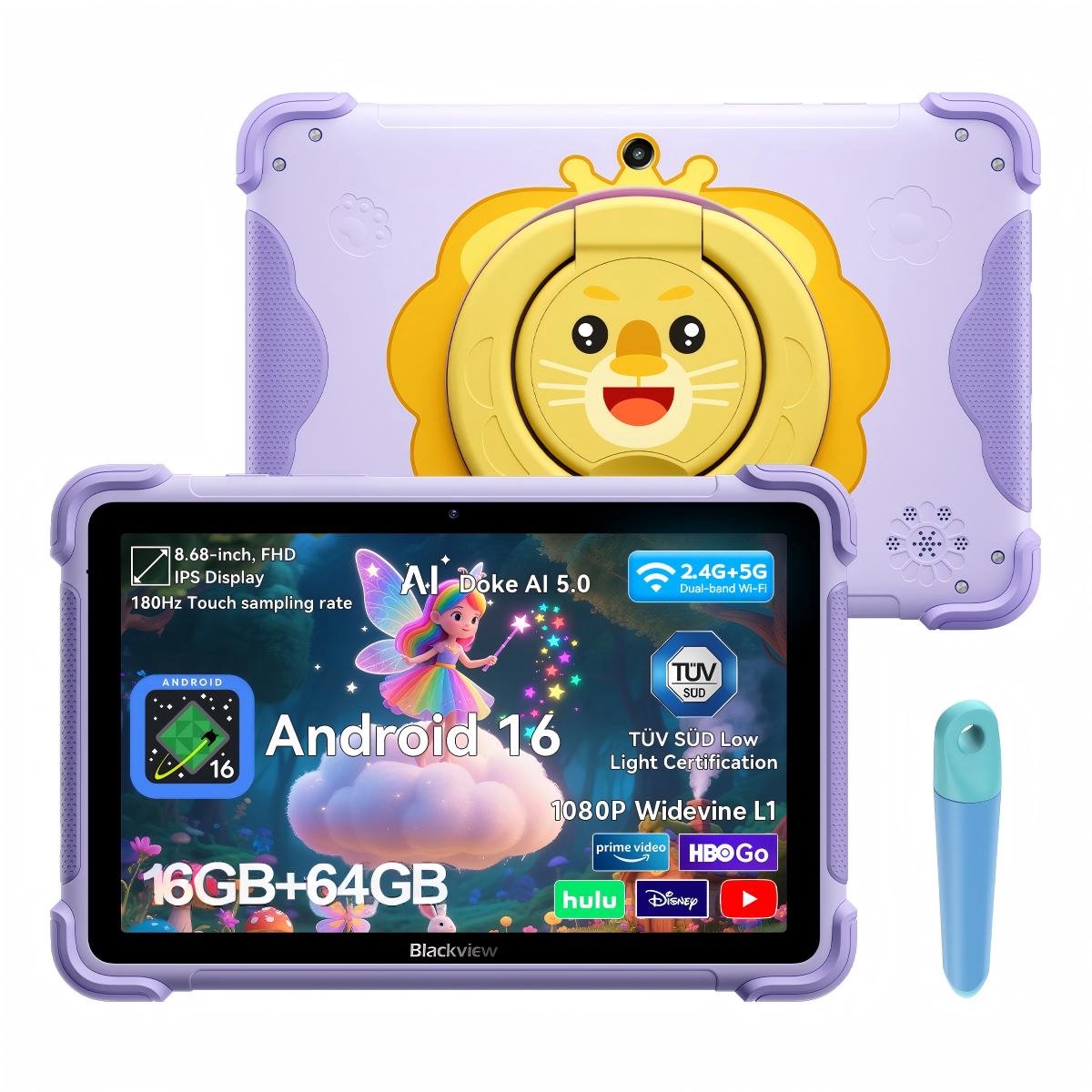 Blackview LINK 1 Kids - Tablet - 16GB RAM - 64GB ROM - 8.68 inch - 5000mAh - Android 16 - Met pen - Beschermhoes - Paars