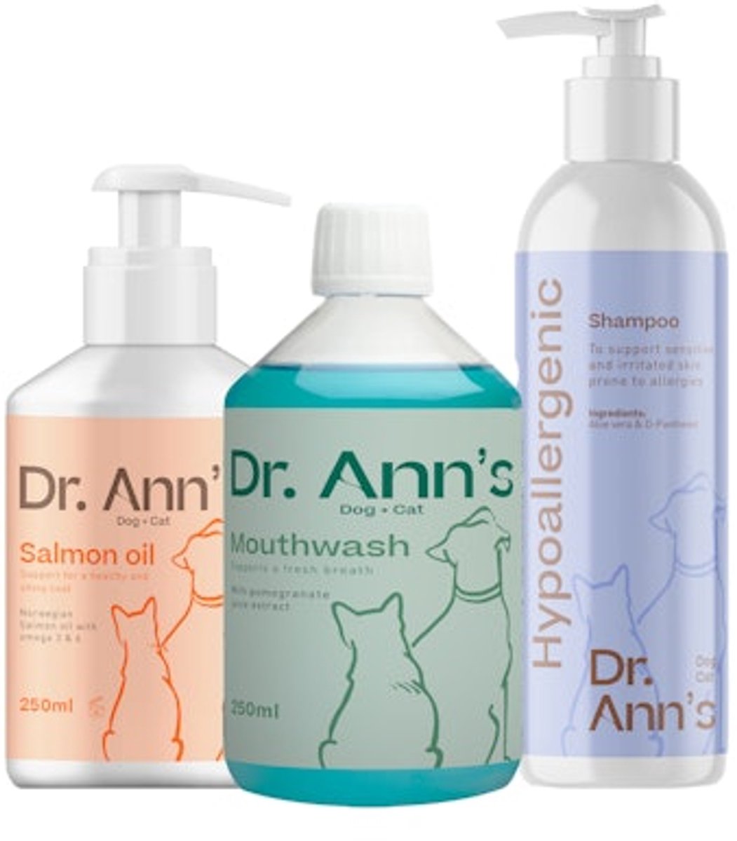 Dr. Ann's Verzorgingspakket - Zalmolie, Shampoo en Mondwater voor je huisdier - Hond/Kat - Bundel