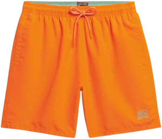 Oranje zwembroek met trekkoord en lichtblauwe binnenzijde van de tailleband. Logo op de pijp.