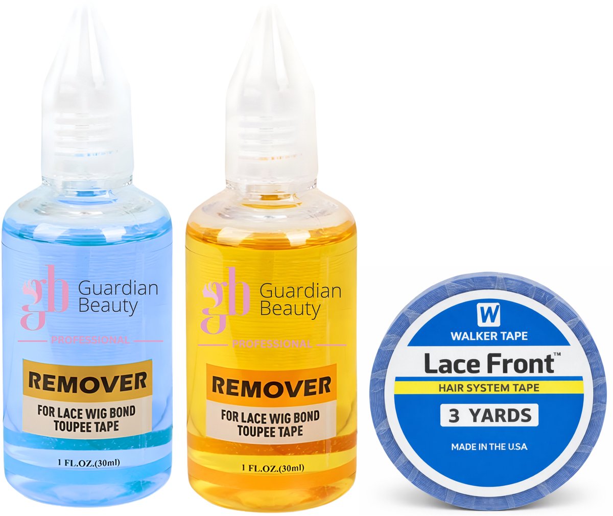 Walker Tape Pruikentape & Guardian Beauty Remover Set - Lace Front - Hair System Tape - 3 yards - 1.9 cm + GB Remover - Blauw, Geel - For Lace Wig Bond and Toupee Tape - 2 stuks - 30ml - Haarextensions