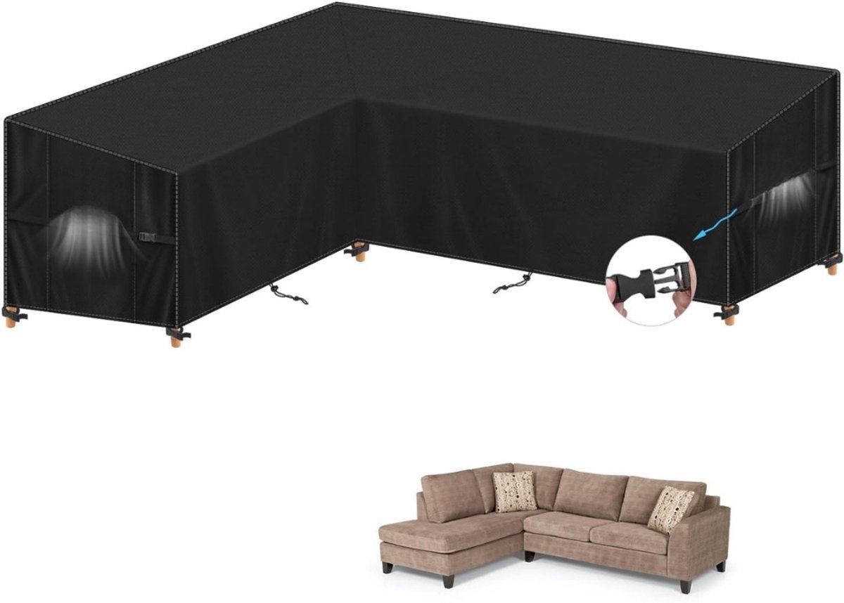 Famanu Beschermhoes voor loungemeubelen - L-vormig afdekzeil voor hoekbank - tuinmeubelen - waterdicht - winddicht - anti-uv - 420D Oxford-stof - 180 x 240 x 90 x 80/60 cm Zwart