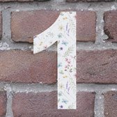 Huisnummer Arial 1 wit met bloemen - Maat: Klein (10 cm) - zelfklevend - Huisnummerbord