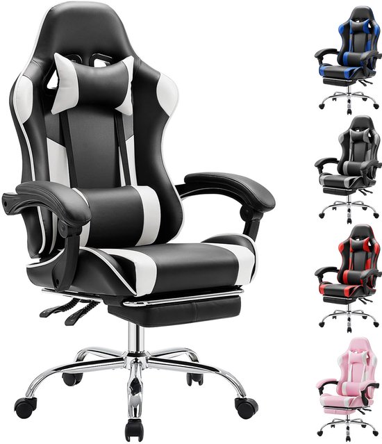Gaming Stoel met Voetsteun – Ergonomische Bureaustoel – Verstelbare Rugleuning (90°-150°) – Hoofd- en Lendenkussen – Zwart/Wit