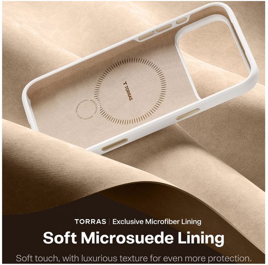Binnenkant van een wit Torras iPhone hoesje met zachte microsuede voering.