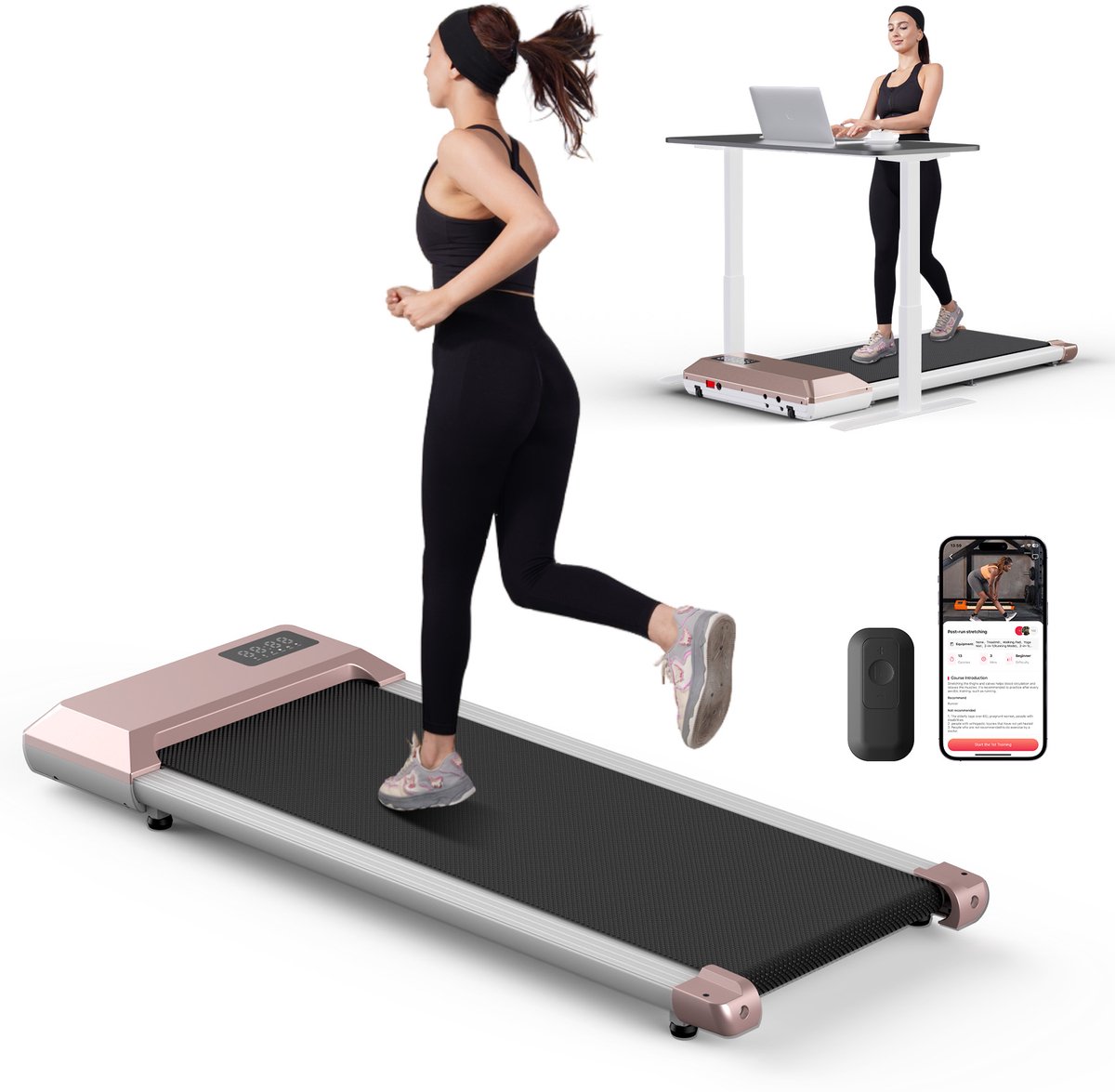Loopband voor Thuis Goud 2 in 1 - Wandelband Onder Bureau - 2.5PK Motor - Tot 6 km/u - LCD Display met Bluetooth - 136 kg Draagvermogen - Compacte Fitness Loopband met Afstandsbediening