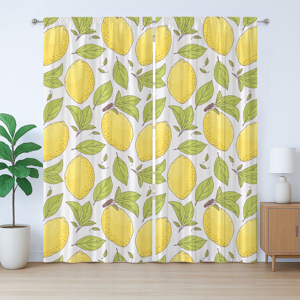 ABAKUHAUS Rustiek Citroengordijn, Citroenbladmotief, met Bandjes voor de Woonkamer met Lussen en Haken, 280 x 225 cm, Groen en Mosterd