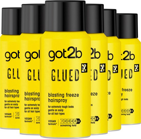 Zes Got2b Glued haarlak spuitbussen in gele verpakking.