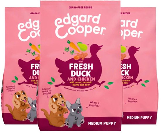 Edgard & Cooper Hondenvoer Droog Puppy Eend & Kip Medium - 3 x 1 kg - Voordeelverpakking