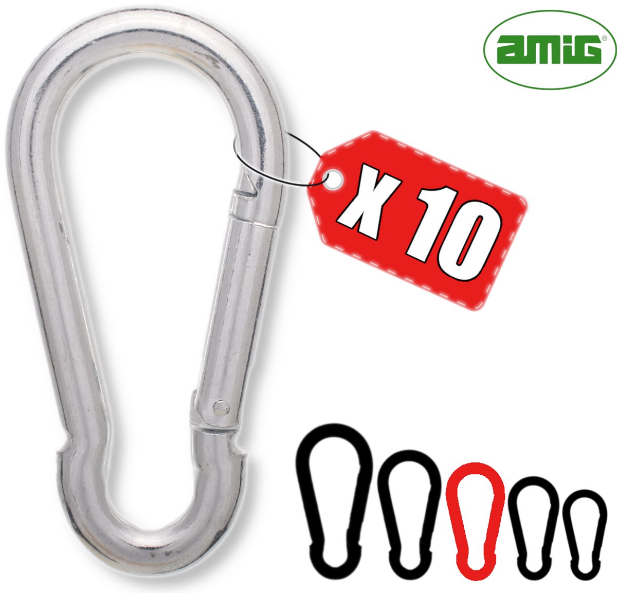 AMIG Karabijnhaak 7x70mm Verzinkt Staal Veersluiting Sleutelhanger Assortiment Voorraadset - 10 Stuks