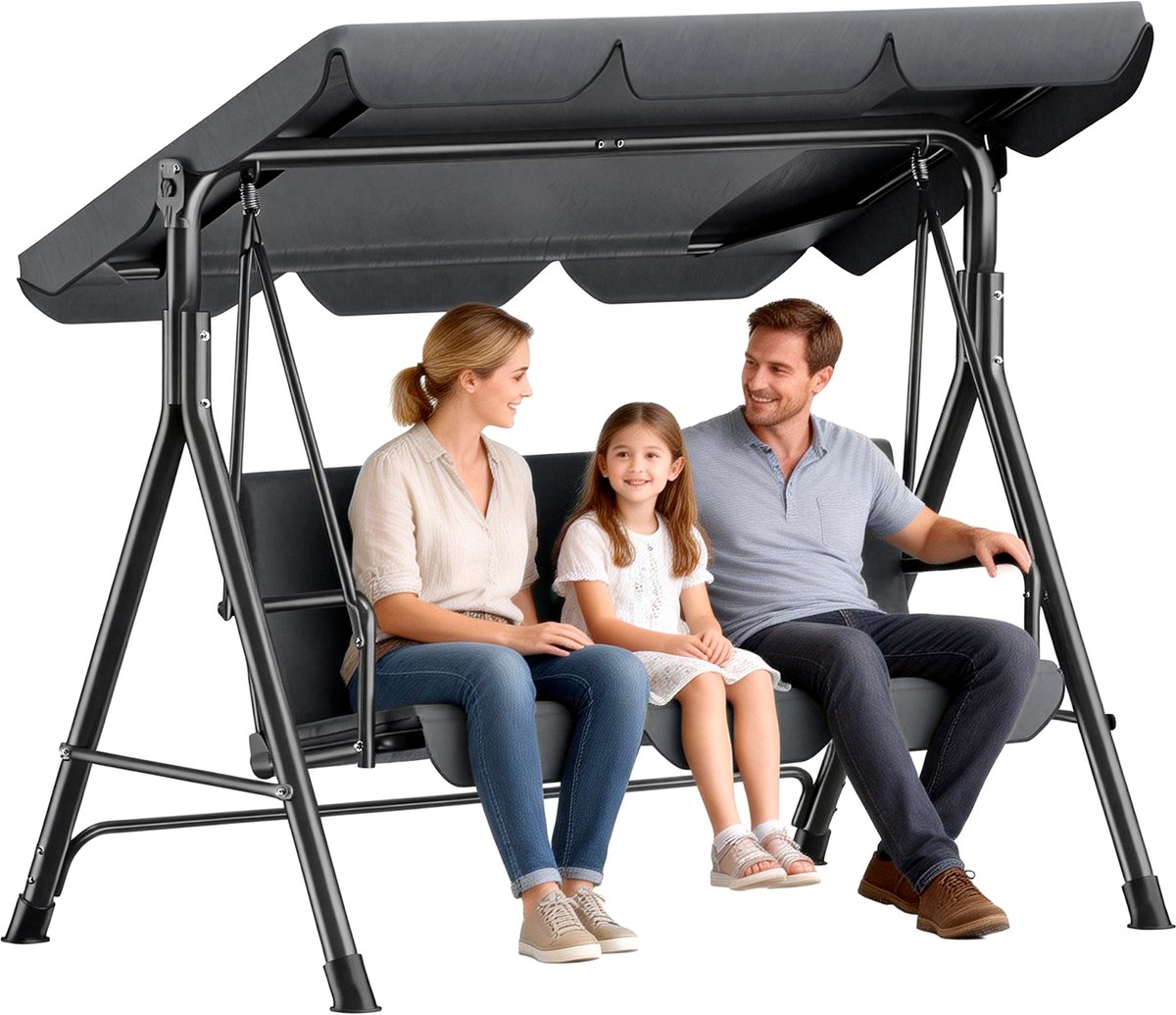 Soontrans - Tuinschommel 3-Zits Met Verstelbaar Zonnedak - Schommelbank Antislip voetsteunen - Hollywoodschommel - Tuinhangmat - Stevig Metalen Frame Voor Tuin Terras - Hangmatbank 193x110x152cm - Tuinhangmat Weerbestendig Met Kussen - Antraciet