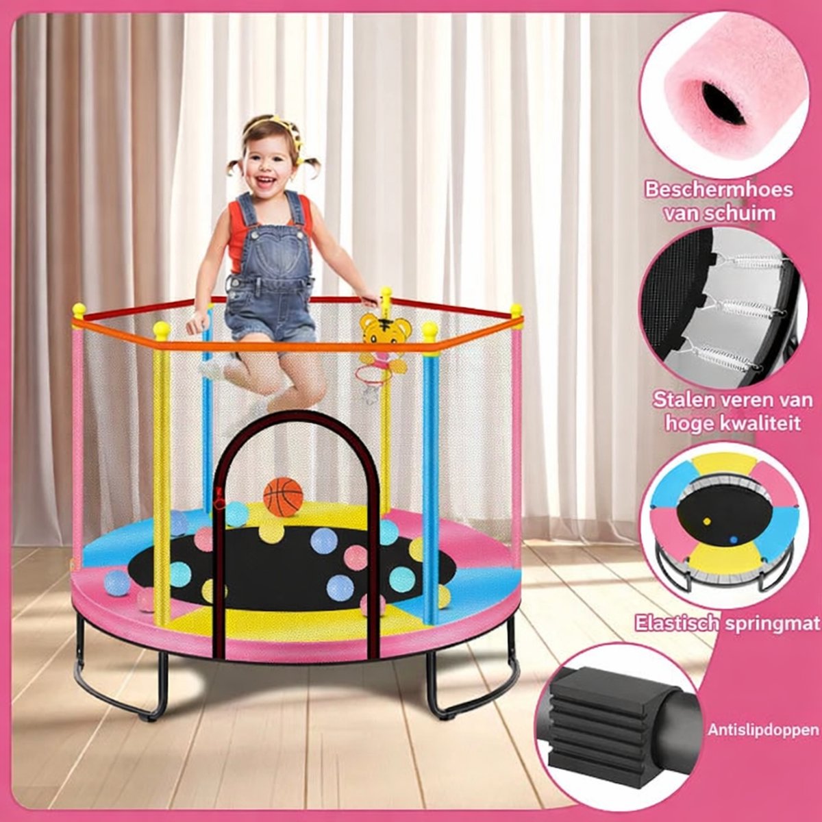 Kinder Trampoline Ø150cm-Basketbalring-Stalen frame-Meerkleurig – foto 3