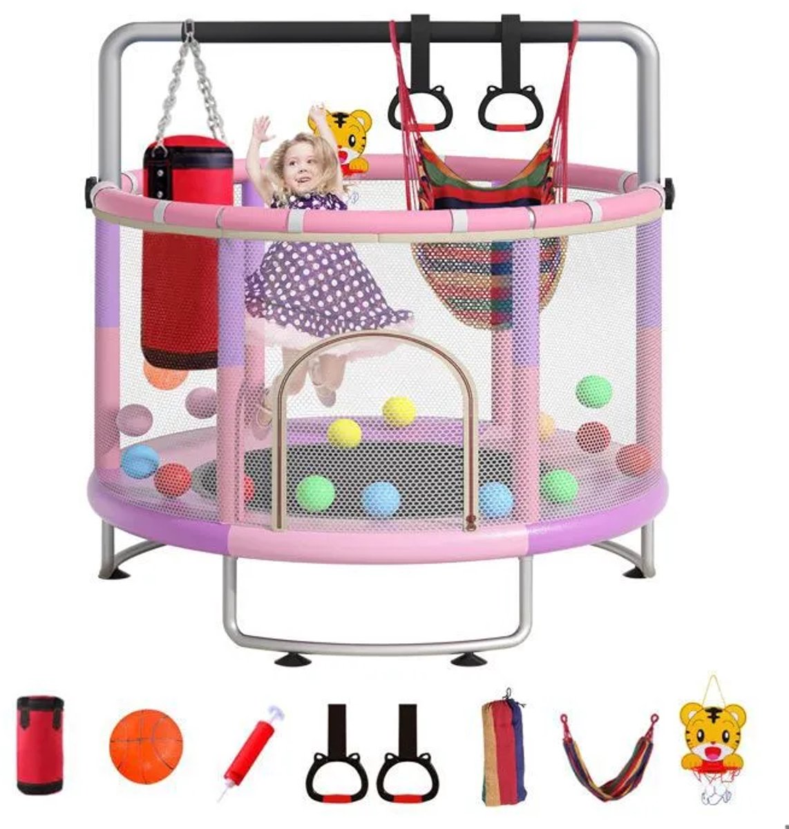 Kinder Trampoline Ø150 cm-Ringleuning-Basketbalring- Multifunctionele Trampoline- Roze – foto 3