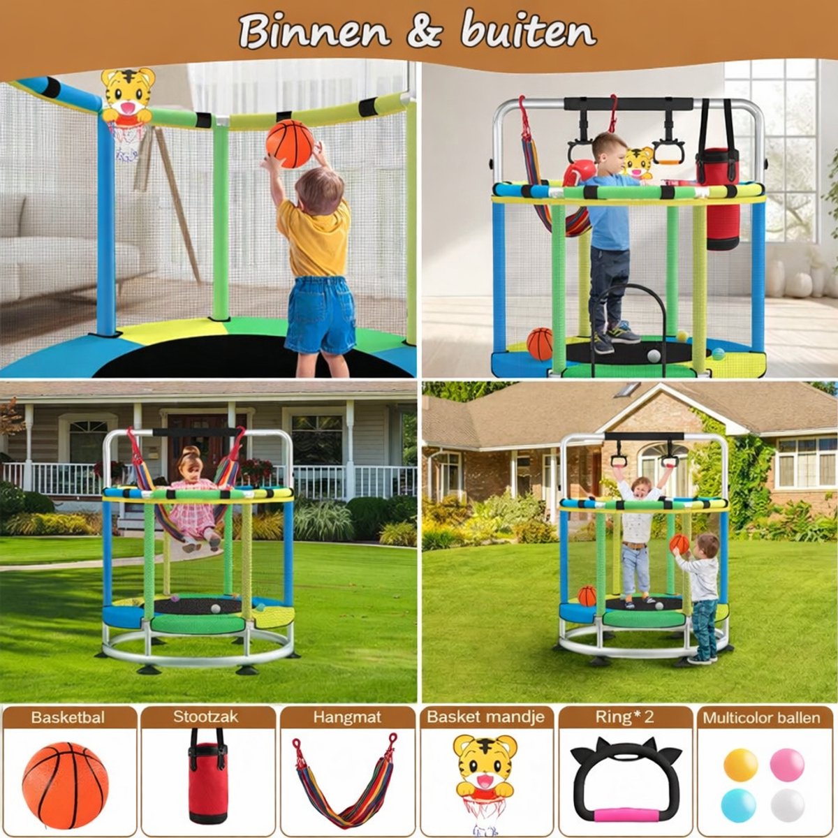 Trampoline Ø150 cm – Multifunctionele Kinder Trampoline met Basketbalring- Ringen en Hangmat – Stalen Frame – Meerkleurig — afbeelding 3