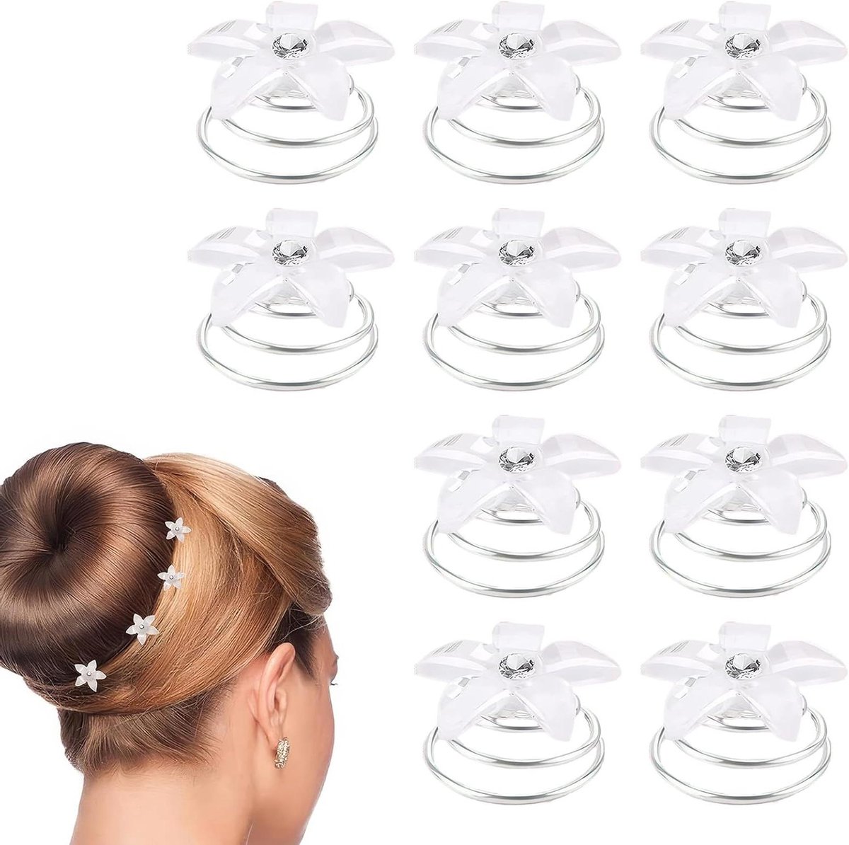Spiraalvormige haarspeld met strass bloem voor bruidskapsels - Set van 10 stuks, wit