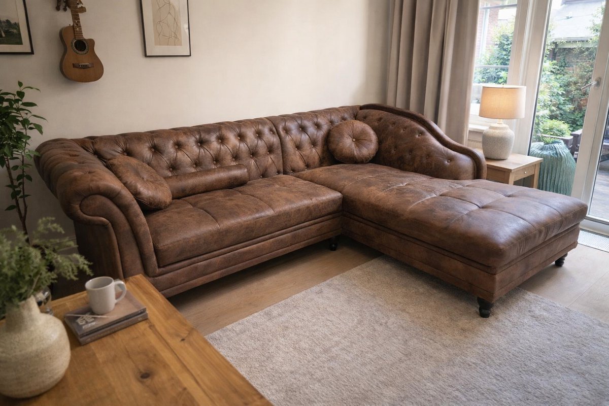 Chesterfield Bank - Hoekbank - 5 Zits - Vintage Bruin - Leer - Sofa - Bankstel