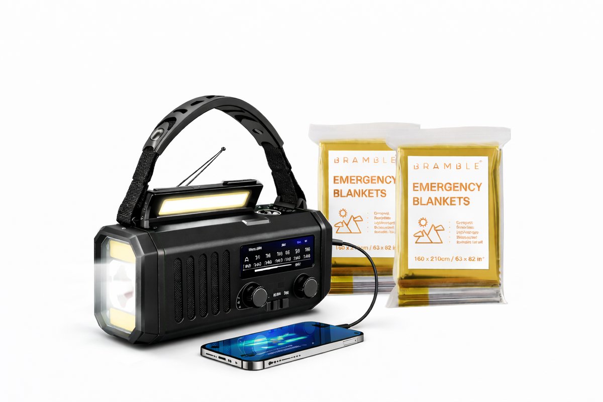 Noodradio 20000mAh Zwart met Zonnepaneel & Handcrank + 2x Reddingsdeken – Stroomuitval Noodpakket – Powerbank – SOS – Zaklamp – AM/FM/WB Radio – Auto & Outdoor