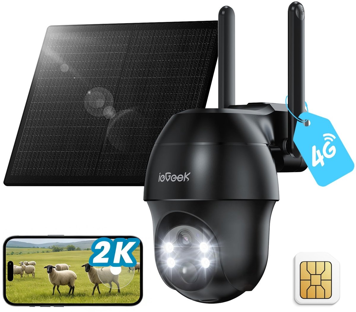 ieGeek S11 4G LTE Bewakingscamera voor Buiten – Buiten Camera met Nachtzicht - 2K UHD – Buitencamera met App - Pan & Tilt – Zonnepaneel – Kleurennachtzicht – Inclusief SIM-kaart