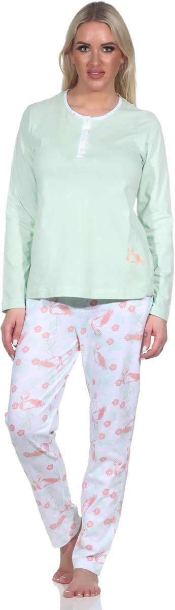 Normann Elegante damespyjama met lange mouwen met flamingomotief en knoopsluiting bij de hals grün