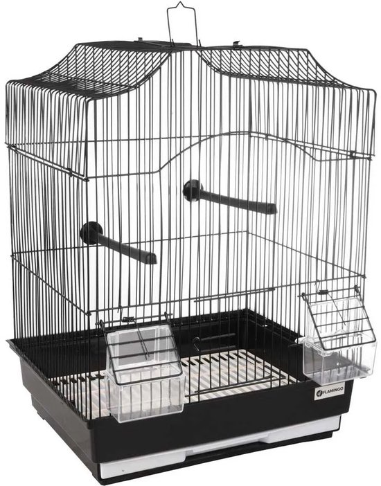 Vogelkooi – Flamingo Lampung 2 – zwart huis – 34x28x44,5 cm – metalen vogelkooi met zitstokken & eet-/drinkbakjes – uitschuifbare lade – geschikt als vervoerskooi of ziekenkooi