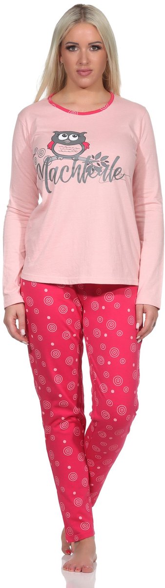 Normann Lange damespyjama met ronde hals en schattig uilenmotief rosa