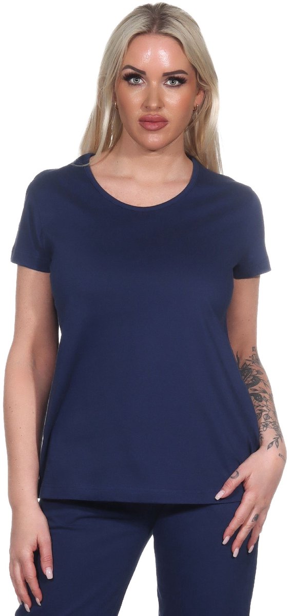 Normann Damespyjamashirt met korte mouwen mix & match in effen kleur marine