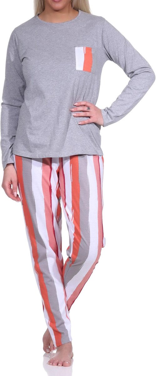 Normann Casual lange damespyjama met een geweldige kleurencombinatie - bloemen/strepen grau