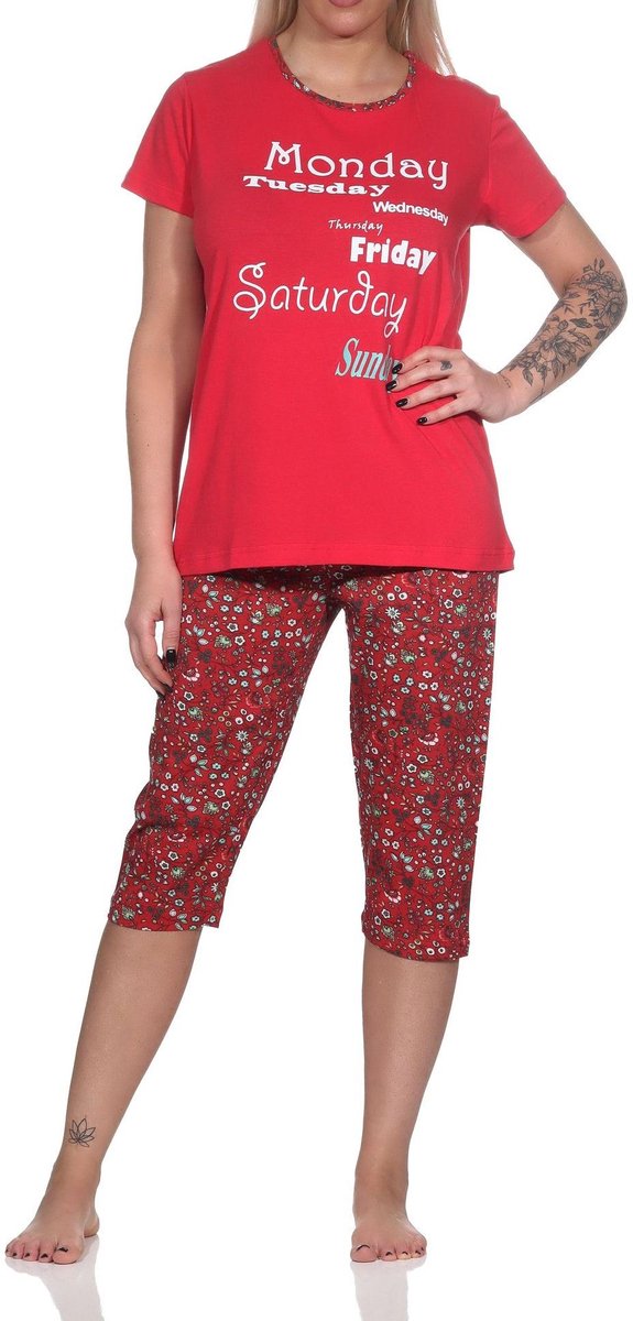 Normann Casual damescapripyjama met all-over patroon en print op de voorkant, ¾ capribroek rot