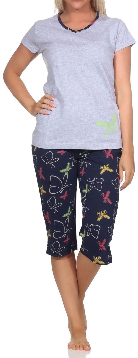 Normann dames capri pyjama met korte mouwen en vlindermotief - ook in grote maten grau-mel.