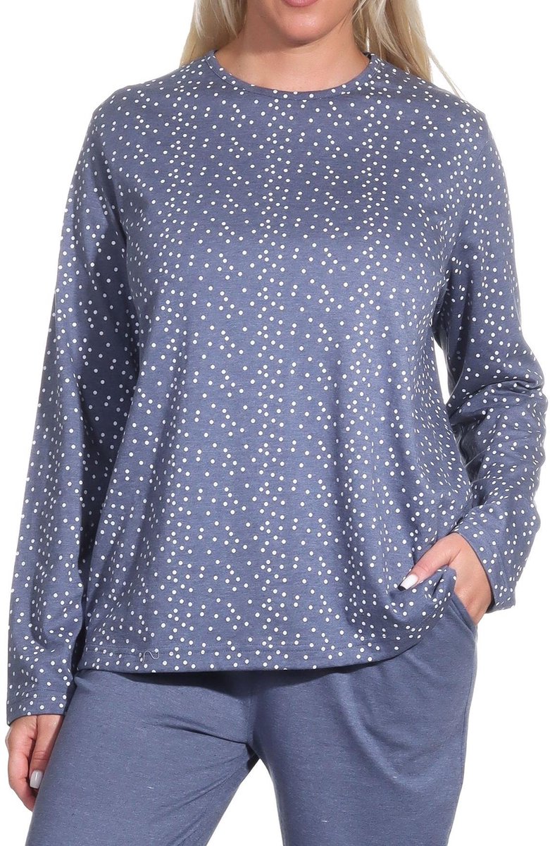 Normann Dames Pyjama Top met lange mouwen Mix & Match in Polka Dot Optics blau-melange