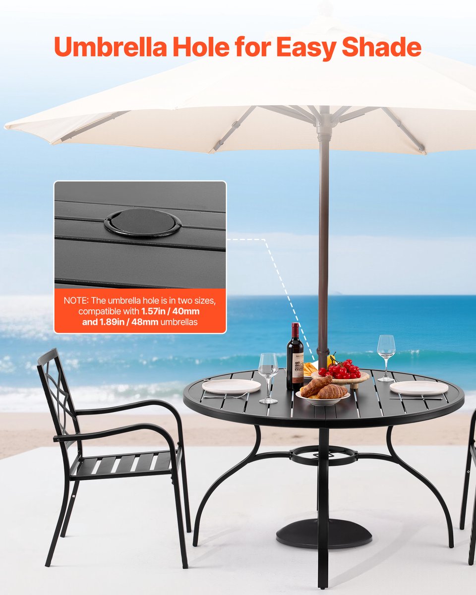 VEVOR Patiotafel Tuintafel Balkontafel, 120x72,5cm, Gemaakt van Koolstofstaal Ronde Eettafel voor Buiten Tuin Patio Tuin Veranda, Waterdicht, met 38mm Parasolgat, Draagvermogen 68kg, Zwart thumbnail 4