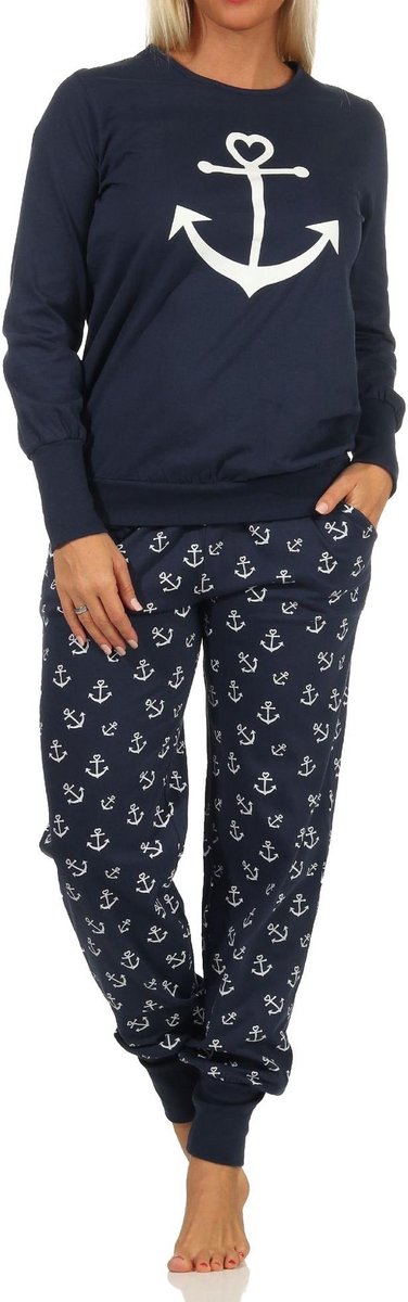 Normann Damespyjama met manchetten in maritieme look met ankermotief -212 90 910 marine