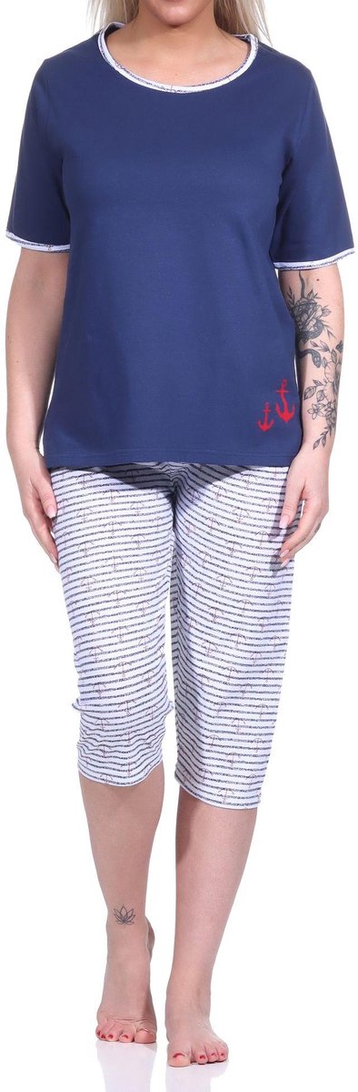 Normann Capri pyjama korte mouw, dames pyjama met 3/4 broek in maritieme look - 123 151 navy