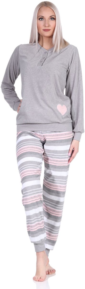 Normann Mooie dames badstof pyjama lange mouw met manchetten en hartjesmotief en gestreepte broek grau