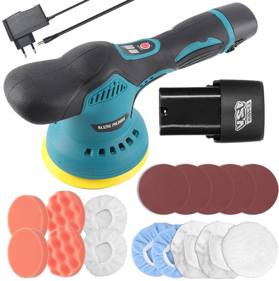 Turquoise en zwarte polijstmachine met batterij, oplader en diverse pads.