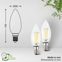 Twee E14 kaarslampen met helder glas en zichtbaar filament, met afmetingen en logo.