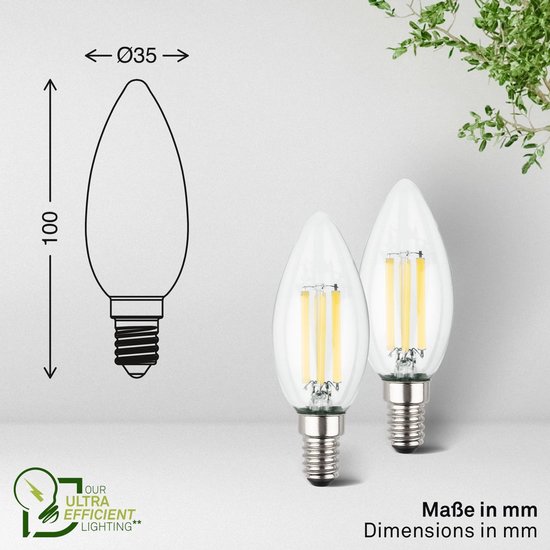 Twee E14 kaarslampen met helder glas en zichtbaar filament, met afmetingen en logo.