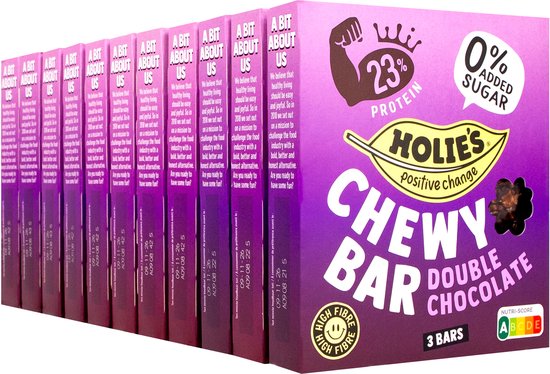 Rij van Holie's Chewy Bar Double Chocolate verpakkingen met 23% proteïne, 0% toegevoegde suiker, en nutri-score A.