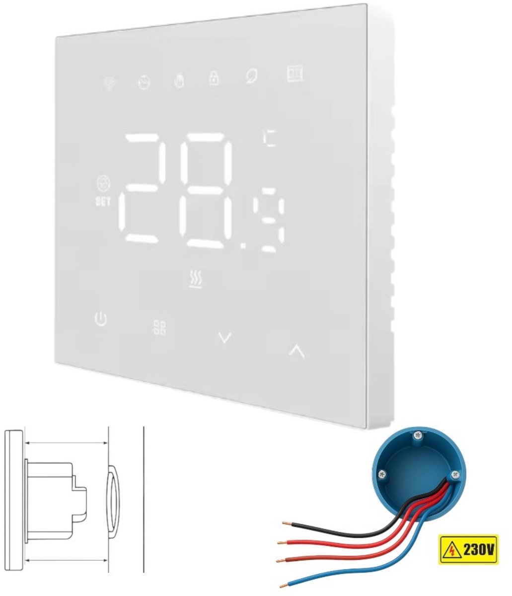 Wifi inbouw thermostaat | Touchscreen bediening | Wifi | Inbouw | Temperatuurregeling | Tuya Smart Life | Wit