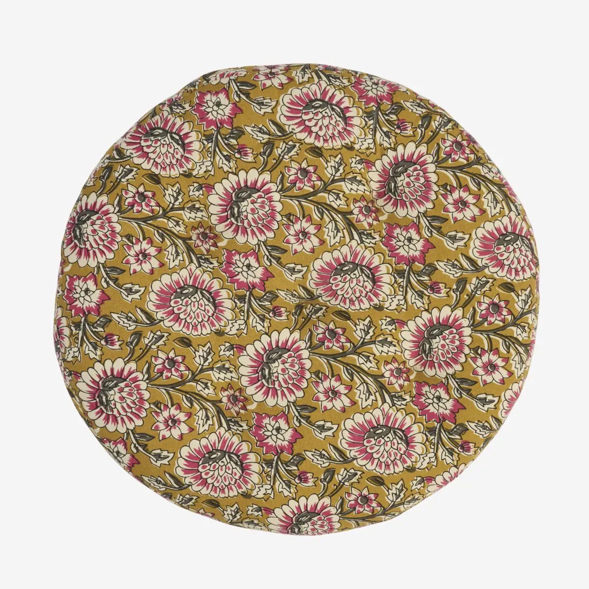 Madam Stoltz - Rond Katoenen Stoelkussen 45cm - Mosterdgeel met Bloemenprint