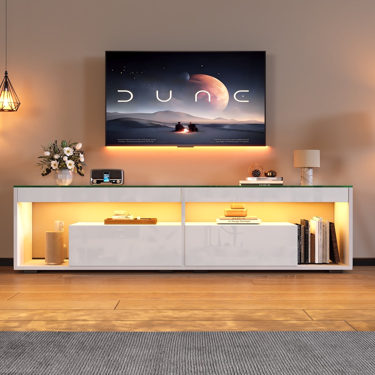 Wishdor Tv-Meubel - Hoogglans Ladefronten - Dimbare Ledverlichting Met Afstandsbediening - Gehard Glas - Wit - 180 X 40 X 46 Cm