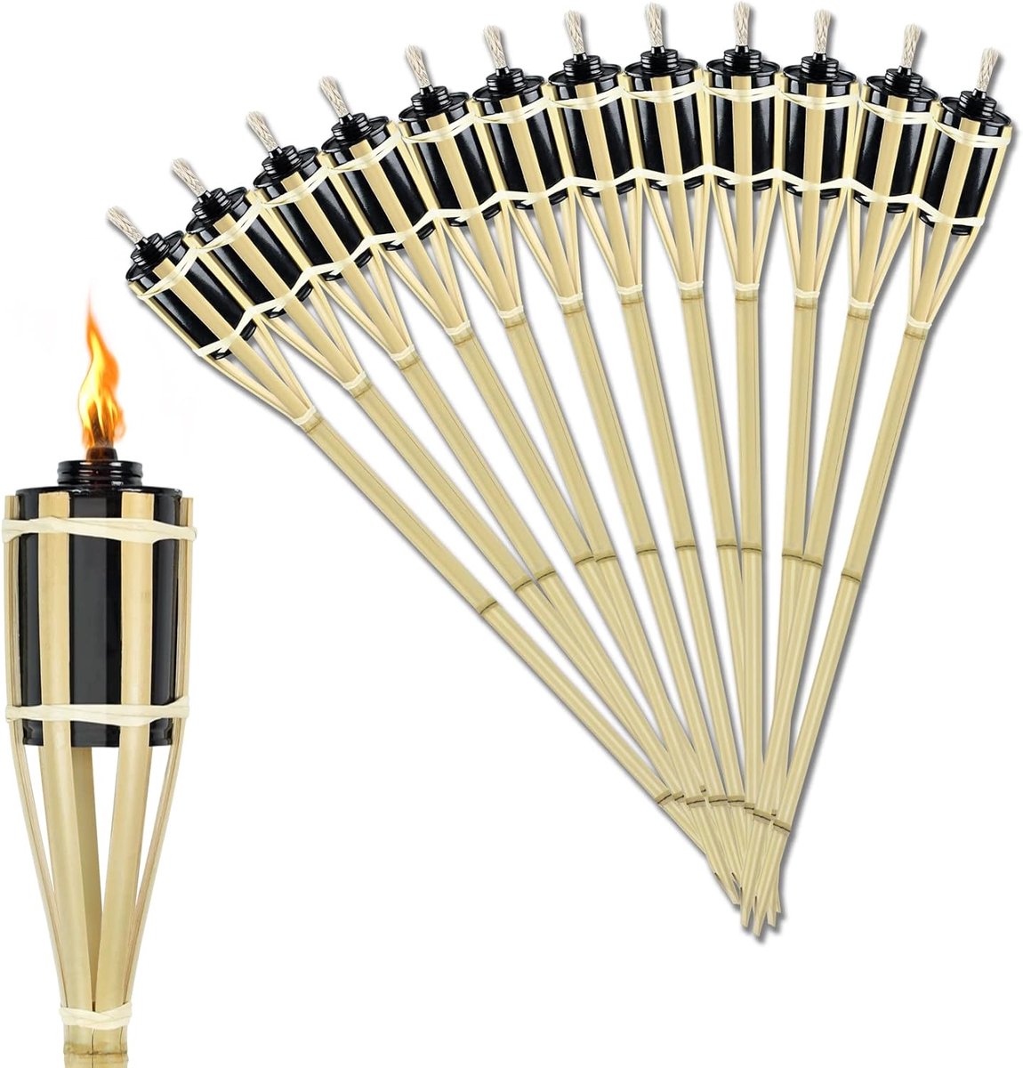 Set van 12 Tuinfakkels voor Buitengebruik Bamboe Fakkels Olie Fakkels met Brandbare Lont en Metalen Olieopslagtanks Olielamp Padverlichting voor Tuinfeest Padverlichting Feestdecoraties (Diameter 5,5 X 90 cm) NAIZY