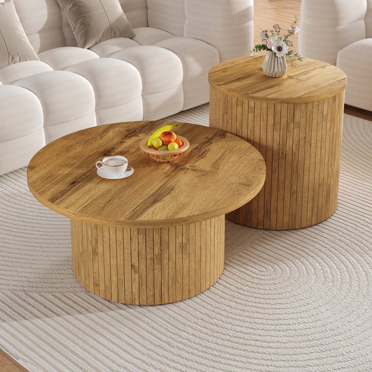 OKWISH Salontafel Set Rond - Dubbele Cirkel Met Losse Tafels - Voor Woonkamer - MDF Naturel - 75x75x36 En 50x50x50,5 Cm Natuurlijk