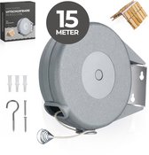 Highlygoods® Uitschuifbare waslijn - 15 meter - Waslijndraad met knijpers - Waslijn uittrekbaar -Roldrooglijn - Oprolbare drooglijn - Geschikt voor vakantie -