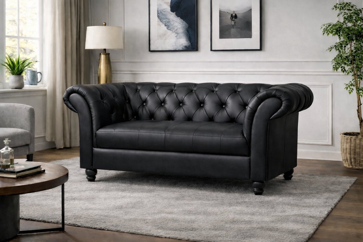 Chesterfield Bank 2-Zits - Curve Armleuningen - Zwart - Chesterfield - Sofa - Bankstel