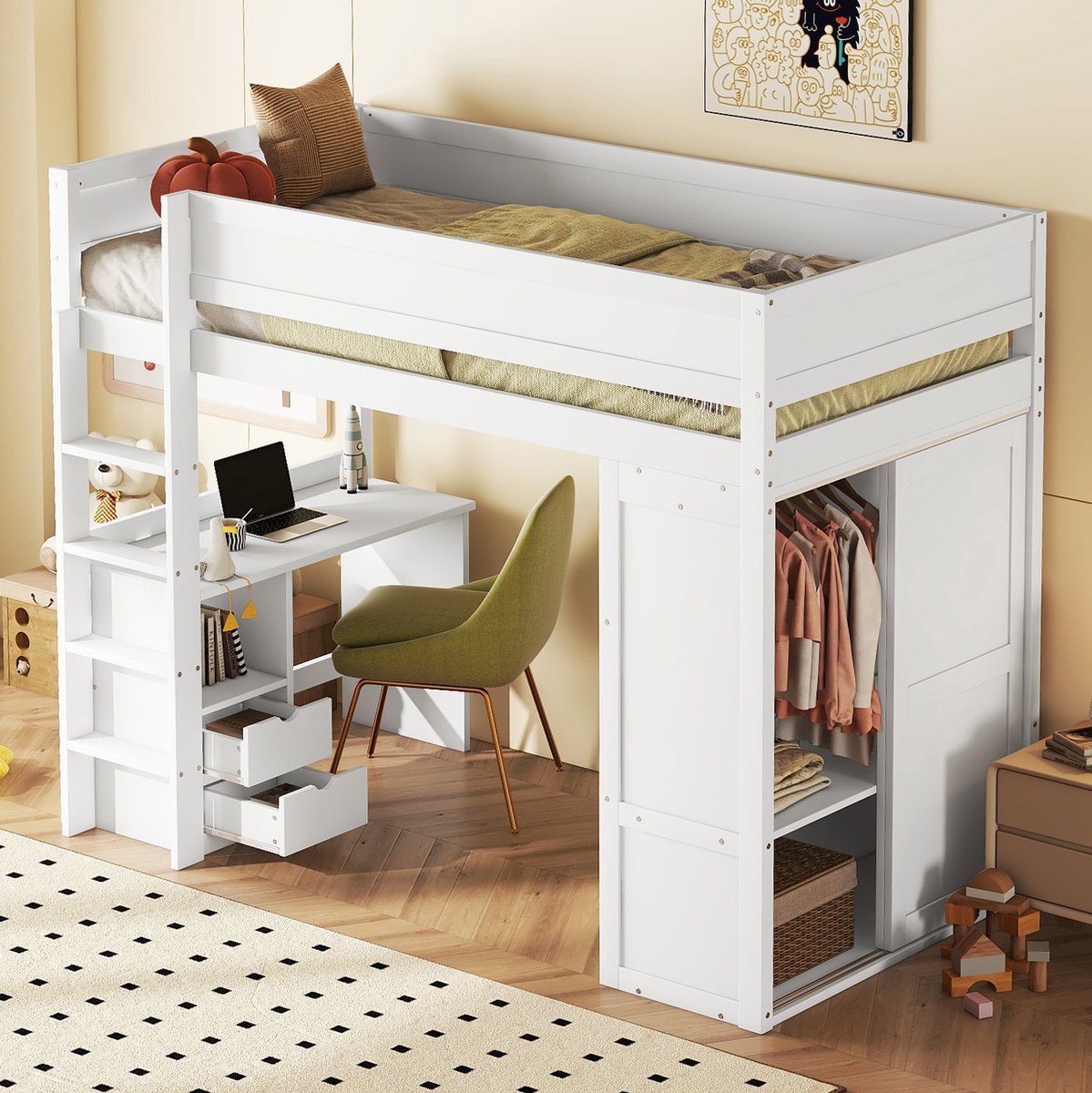 Wishdor Hoogslaper 90x200 cm – Met Kledingkast & Bureau – 2 Lades & Legplanken – Wit Hout – Ultieme Ruimtebespaarder
