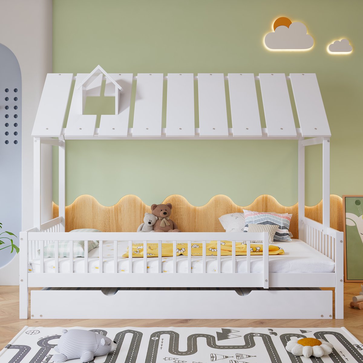 Wishdor Huisbed 120x200 cm – Met Uitschuifbed – Dak & Schoorsteen – Wit Grenen/MDF – Flexi